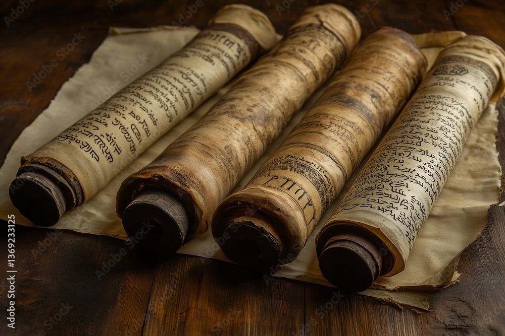 Three rolled up Hebrew scrolls on old parchment paper Three rolled up Hebrew scrolls on old parchment paper