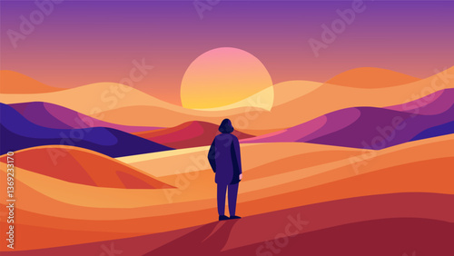 A person stands in the stillness of a desert with their eyes closed bathed in the vibrant colors of a sunrise.. Vector illustration