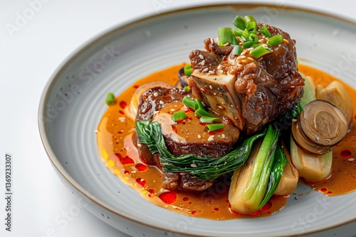 Filipino Kare Kare oxtail plated with refined peanut sauce smear, arranged bok choy and eggplant slices,