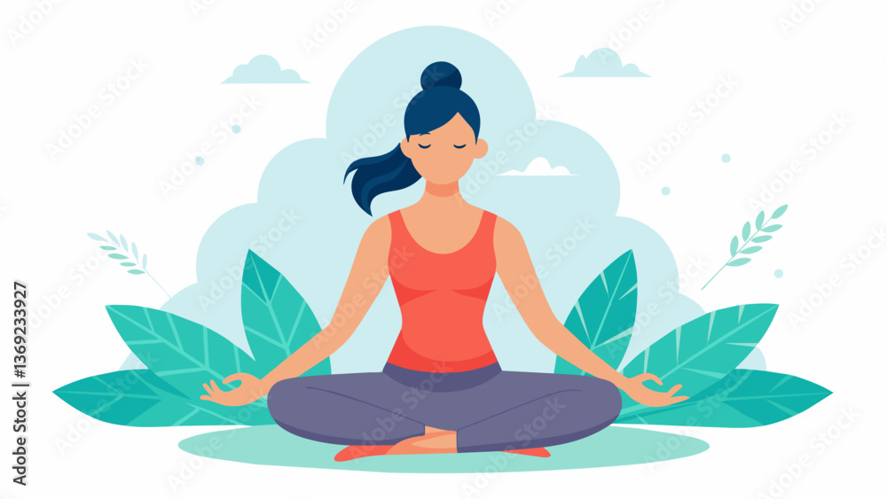 A woman practicing yoga using the connection between movement and breath to release tension and find healing in her body and mind.. Vector illustration