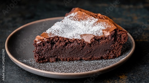 A slice of rich chocolate cake dusted with powdered sugar on a plate.