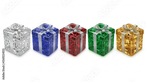 Gift Box-shaped ornament made of five colored gems with silver ribbon. Recommended for designing Christmas ads, websites, and catalogs with a sense of luxury and glamour. Vector data.