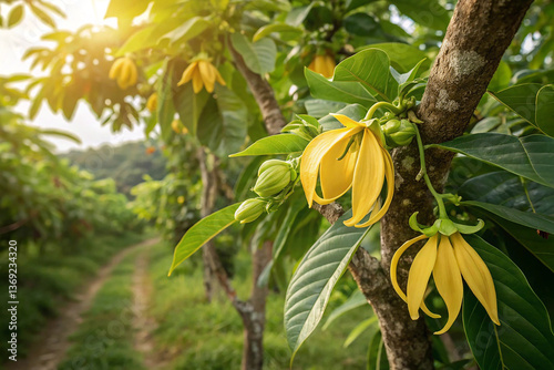 Ylang-Ylang flower on tree, for the manufacture of essential oil photo