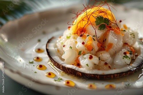 Fijian Kokoda ceviche plated in white coconut shell, garnished with citrus segments and chili oil dots, ultra clean photo