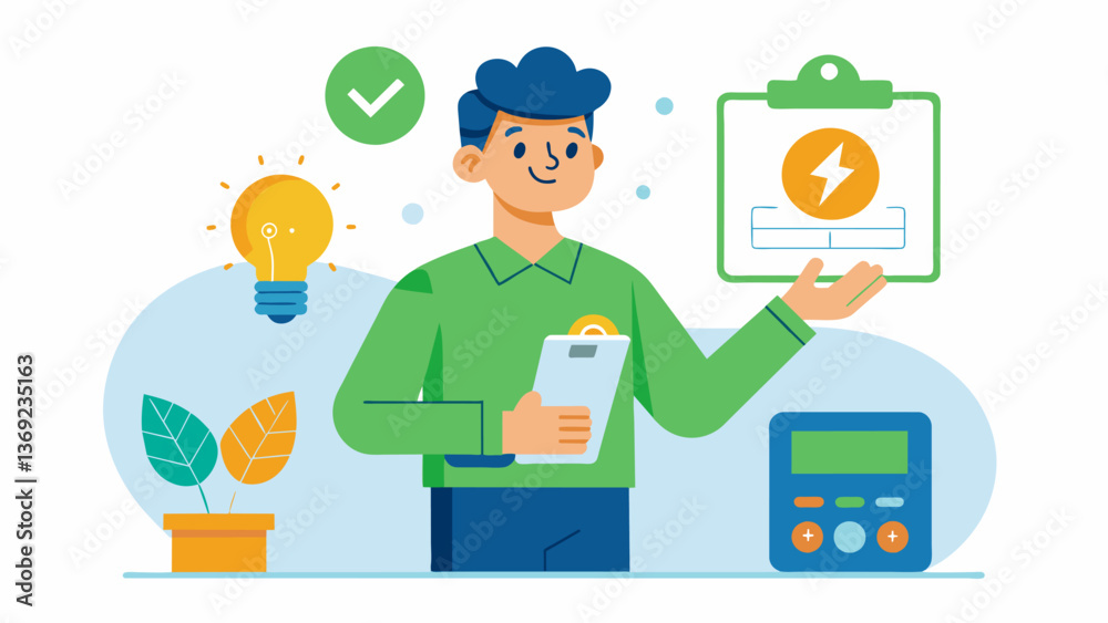 A representative from the local utility company presents information on rebate programs for energyefficient equipment.. Vector illustration A representative from the local utility company presents information on rebate programs for energyefficient equipment.. Vector illustration