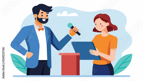 A young adult practicing and improving their public speaking skills with the guidance of their life skills coach.. Vector illustration