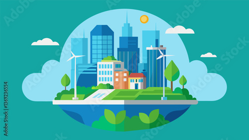 A showcase of a sustainable city design featuring green spaces and renewable energy sources.. Vector illustration