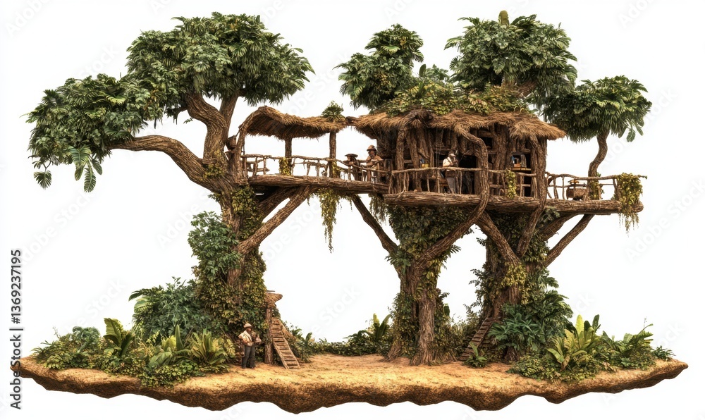 Fototapeta premium Jungle treehouse with people, isolated island setting, ideal for adventure stories