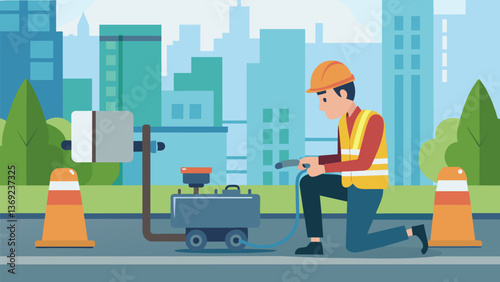 A technician performs regular maintenance and safety checks on a natural gas main located under a busy city sidewalk ensuring the system is working. Vector illustration
