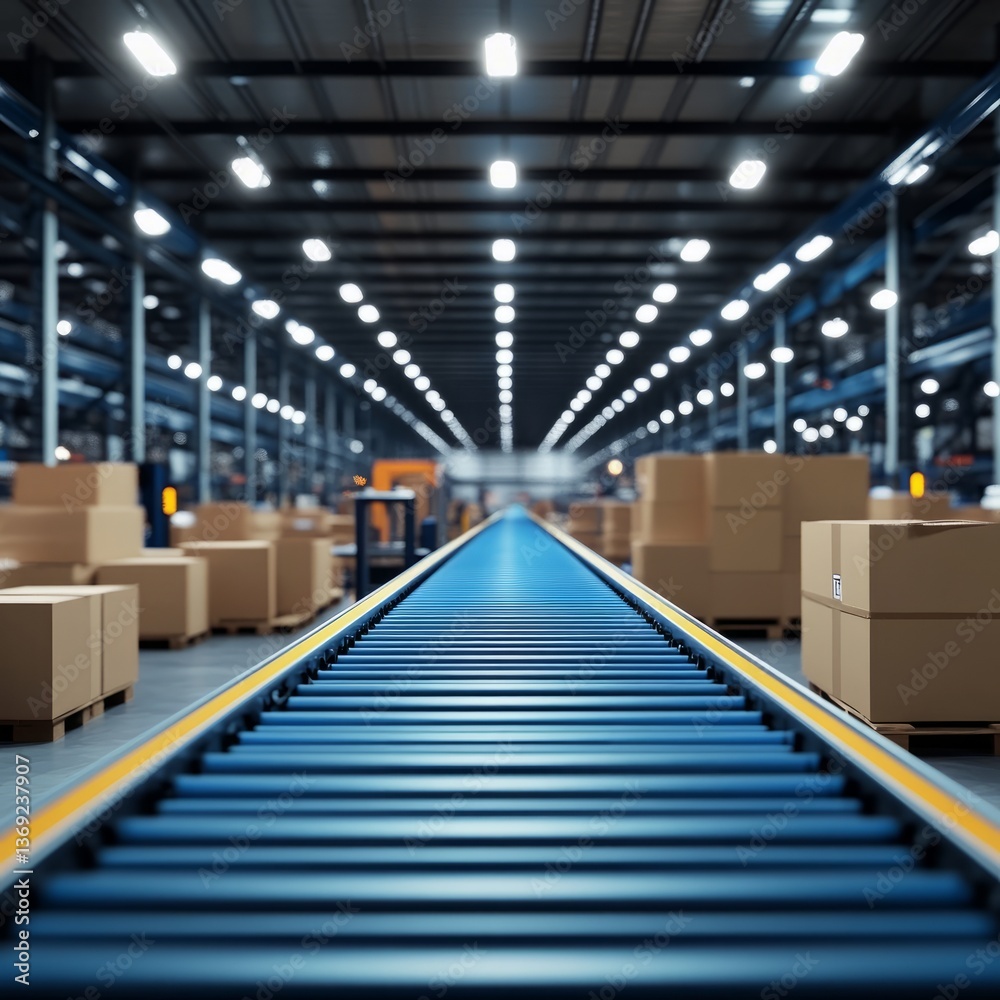 blue conveyor belt in a modern warehouse with stacked boxes blue conveyor belt in a modern warehouse with stacked boxes