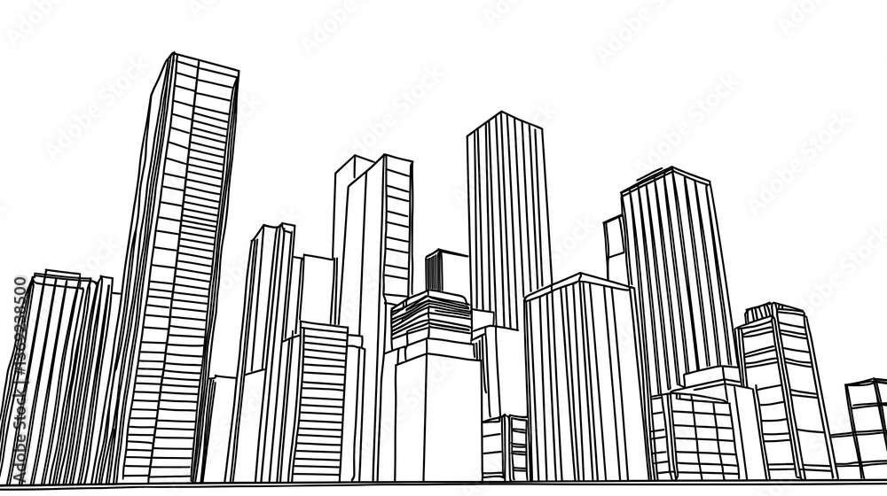 Obraz premium A city skyline with tall buildings and a clear blue sky