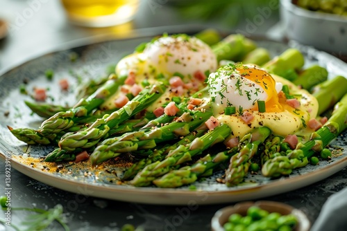 Dutch Asparagus with Hollandaise, perfectly aligned spears topped with poached egg and crispy ham slivers, elegant spring