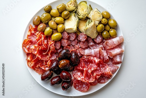 Assorted charcuterie platter with olives pickles meat and cheese on white background