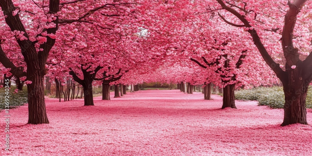 A serene pathway lined with blooming pink trees, creating a picturesque and tranquil scene.