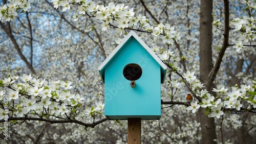 A sky-blue birdhouse surrounded by blooming white dogwood branches, creating a tranquil and inviting space for birds to enjoy the beauty of springtime.