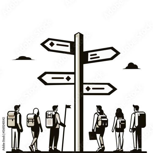 Group of travelers standing at a signpost, deciding their path, in a monochrome flat vector illustration