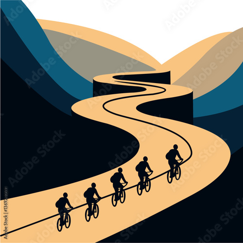 Cyclists riding on a winding mountain road, depicted in a flat vector style with earthy and dark blue