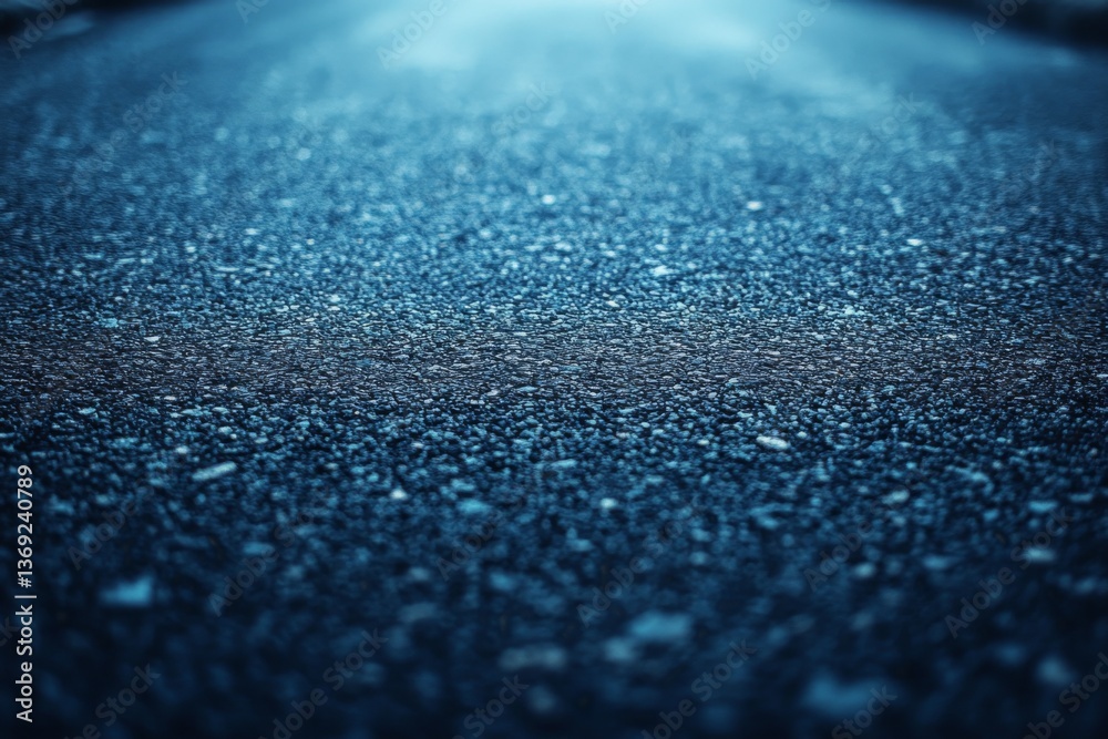 Close up of asphalt surface covered with shiny water drops and blue light Close up of asphalt surface covered with shiny water drops and blue light