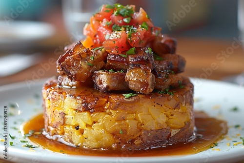 Dominican Mofongo molded with garlic plantain mash, pork crackling crown and spicy