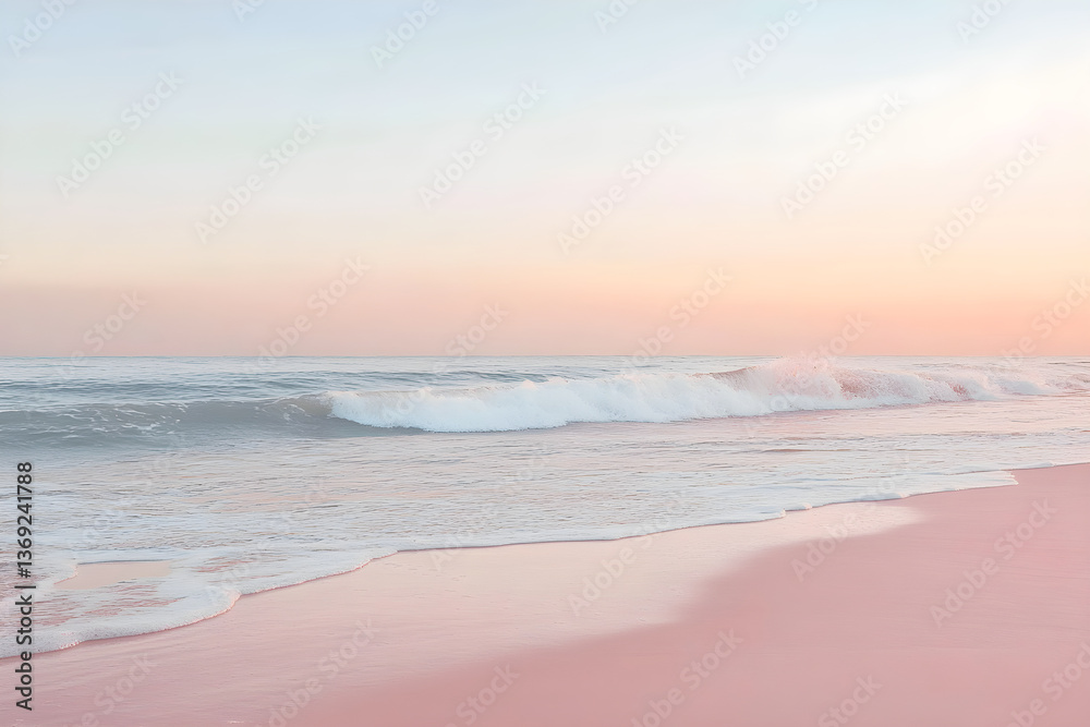 Fototapeta premium Tranquil Embrace of Waves on Pastel Pink Shores: A Minimalist Coastal Reverie