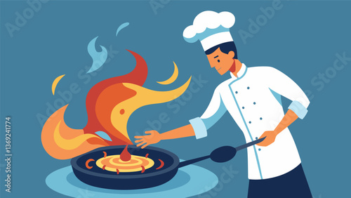 A skilled chef swirls a pan over the precise and powerful flames of the natural gas stove expertly creating a delicious dish.. Vector illustration