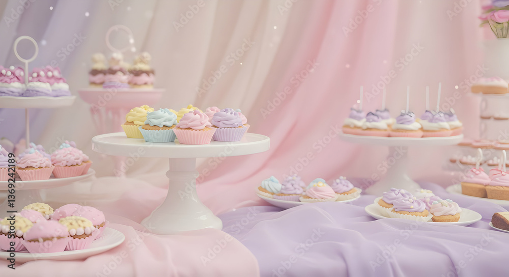 Colorful Pastel Cupcakes Displayed on Cake Stands Colorful Pastel Cupcakes Displayed on Cake Stands