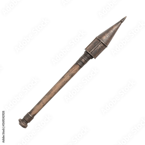 Antique wooden spear point with metal tip on white background photo