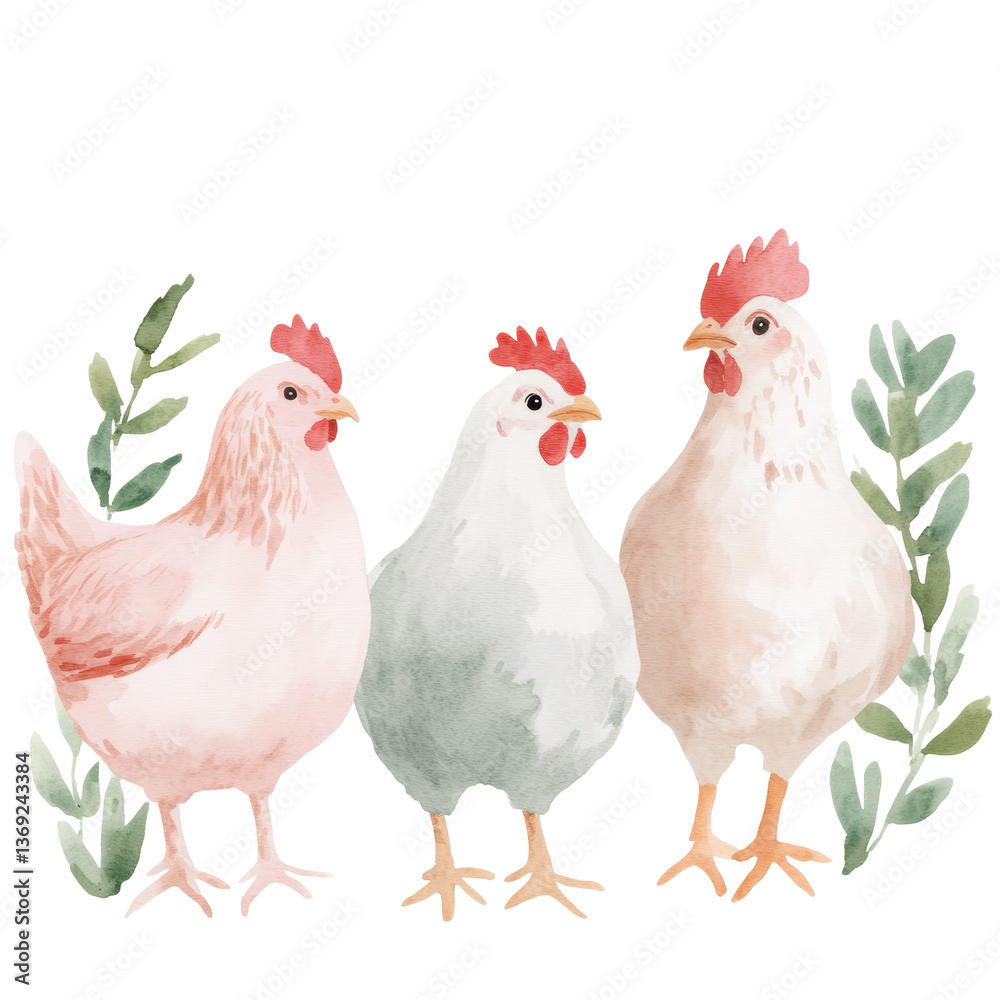 Fototapeta premium Watercolor chickens and leaves in a gentle pastel palette