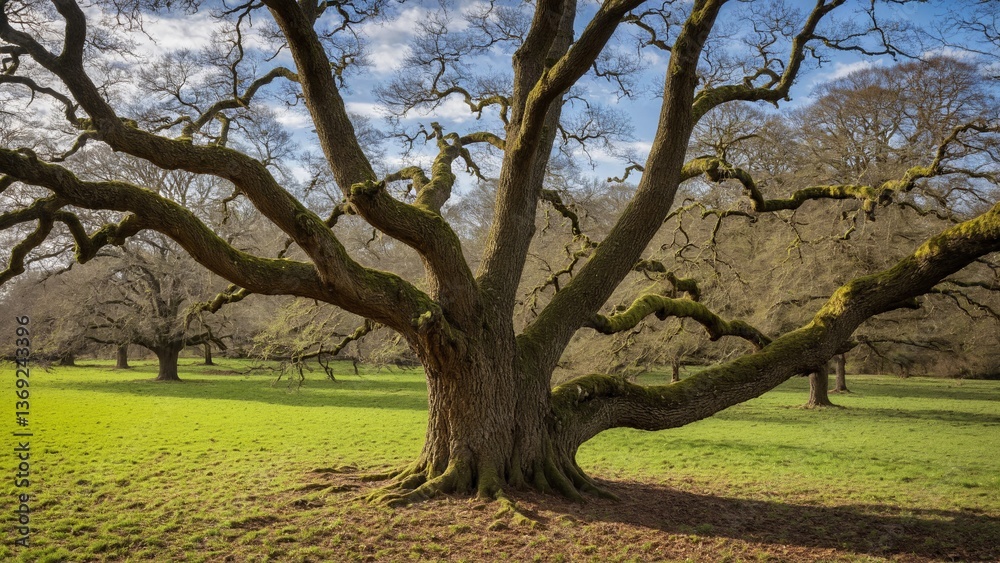 Fototapeta premium Majestic Oak: A Sprawling Sentinel Overlooking a Vibrant Green Meadow under a Partially Cloudy Sky on a Bright, Sunny Day.