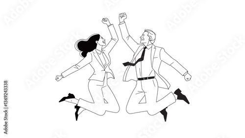 Two businesspeople jumping up and down, senior man and young woman with triumphant pose