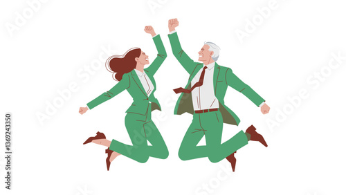 Two businesspeople jumping up and down, senior man and young woman with triumphant pose
