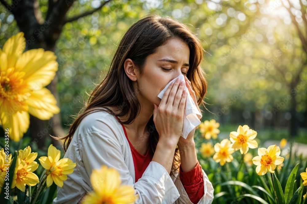 In a sunlit garden filled with blooming daffodils, a young woman covers her nose with a tissue, feeling the effects of spring allergies while trying to savor the beauty around her.