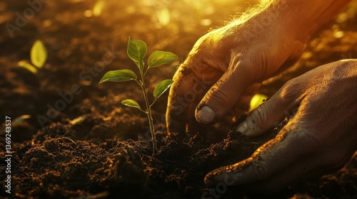 Hands unite planting a sapling in golden sunlight