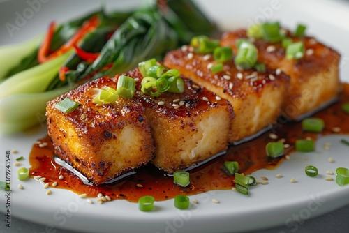 Crispy tofu cubes plated with chili glaze, sesame foam and bok choy garnish on matte