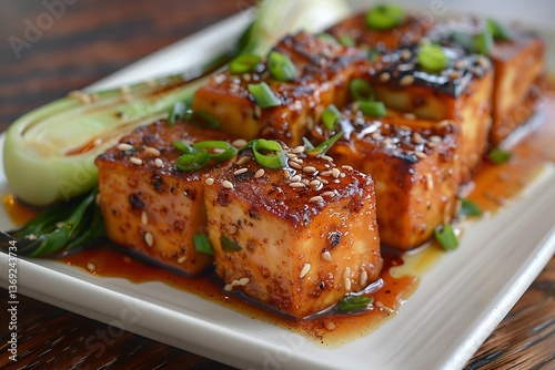 Crispy tofu cubes plated with chili glaze, sesame foam and bok choy garnish on matte white
