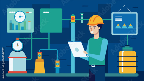 A worker monitoring the levels of natural gas in storage tanks and reporting them to the control room.. Vector illustration