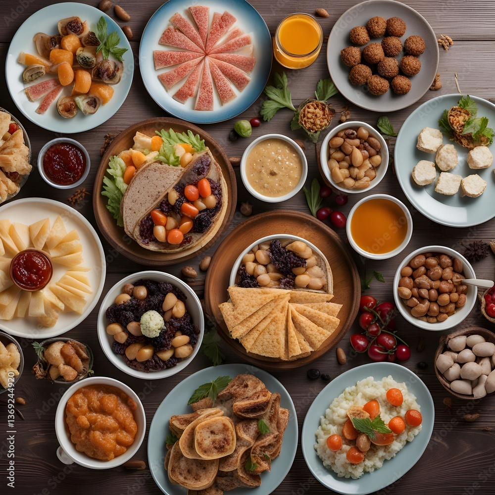 Top view of a table full of delicious food composition Top view of a table full of delicious food composition
