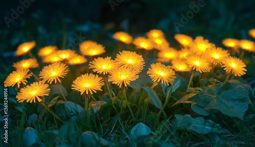 Illuminated dandelion flowers at night in a grassy field photo