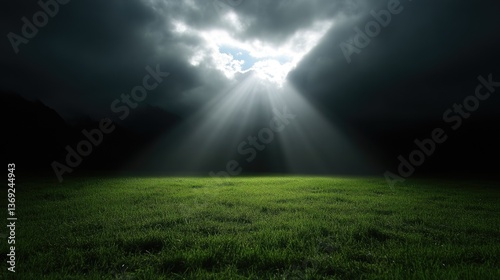 Radiant light piercing dark clouds over a grassy field