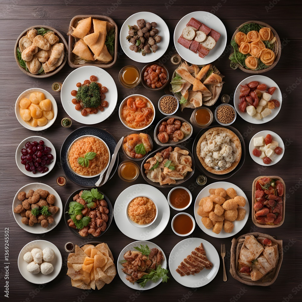 Top view of a table full of delicious food composition Top view of a table full of delicious food composition