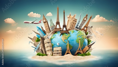 Travel concept with worldwide landmarks