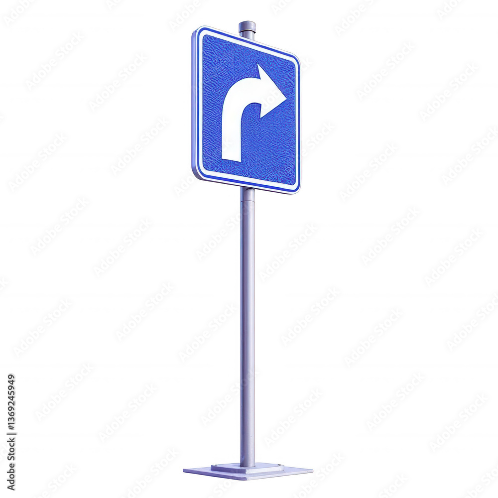 3D Blue Curve Right Traffic Sign on Metal Post 3D Blue Curve Right Traffic Sign on Metal Post