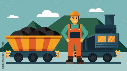 A worker covered head to toe in coal dust proudly standing next to a fully loaded train of hoppers ready to be transported and used for powering homes. Vector illustration