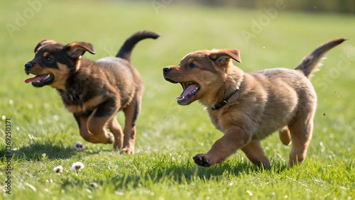 Adorable Puppies Running and Playing in a Sunny Field