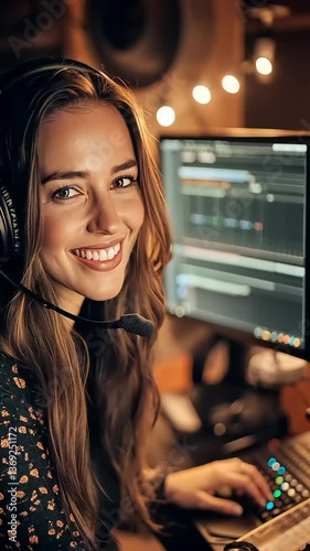 Smiling woman with headphones engaged in digital audio production at a computer workstation