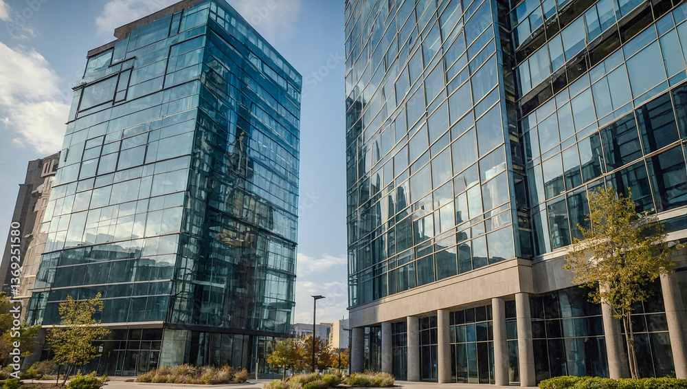 Chic office tower with sweeping glass windows, modern design emphasizing contemporary office spaces Chic office tower with sweeping glass windows, modern design emphasizing contemporary office spaces