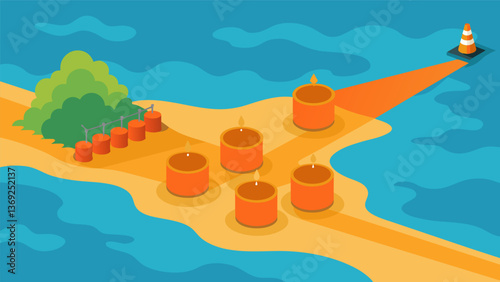 Aerial view of multiple bright orange containment booms forming a perimeter around a coastal oil spill preventing the oil from spreading to the shore.. Vector illustration