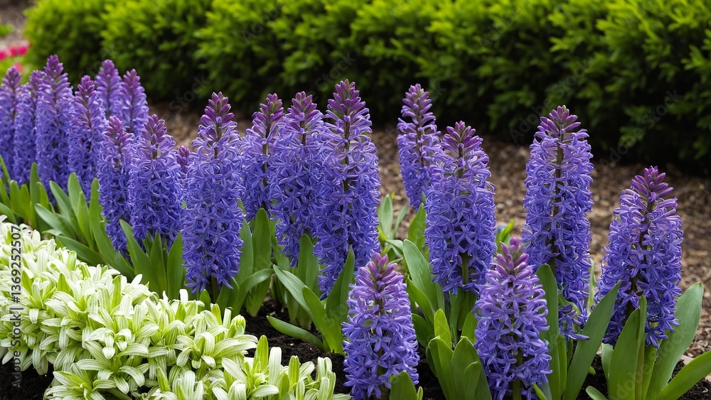 Obraz premium A Beautiful Display of Purple Hyacinths Blooming in Spring, Alongside a Textured Ground Cover, Creating an Eye-Catching Contrast of Colors.