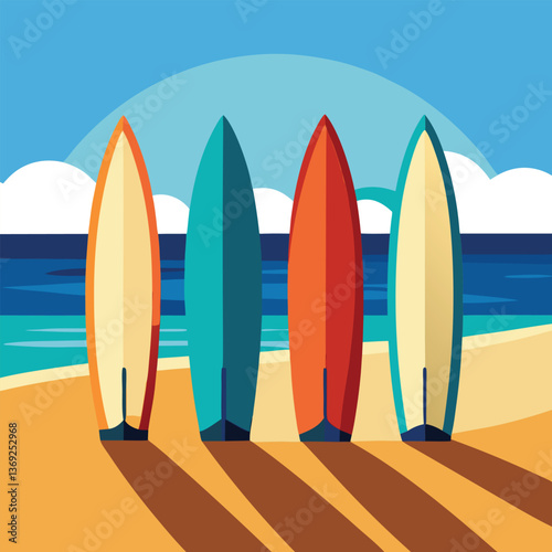 Surfboards on the beach with tropical elements and waves in a summer design