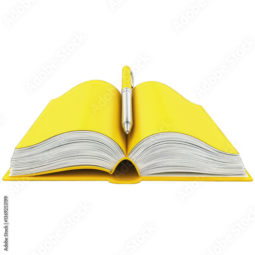 Open Yellow Book With A Silver Pen Isolated On Transparent Background For Creative Design
